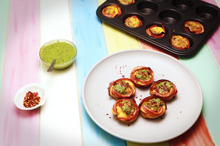 2215 Bacon and Egg Cups with Sunflower Seed and Basil Pesto recipe - the cooks pantry