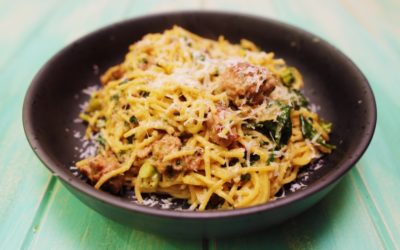 Sausage Broccoli and Walnut Pesto Spaghetti
