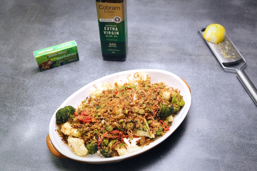 2092 Cauliflower and Broccoli Bake with Green Olive Crumb recipe - the cooks pantry